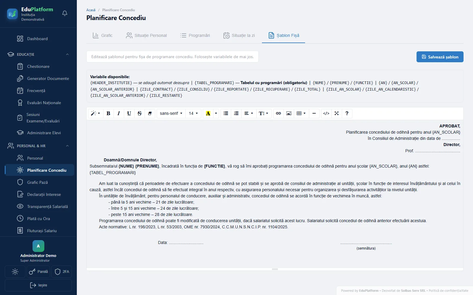 Planificare Concediu — Șablon Fișă
