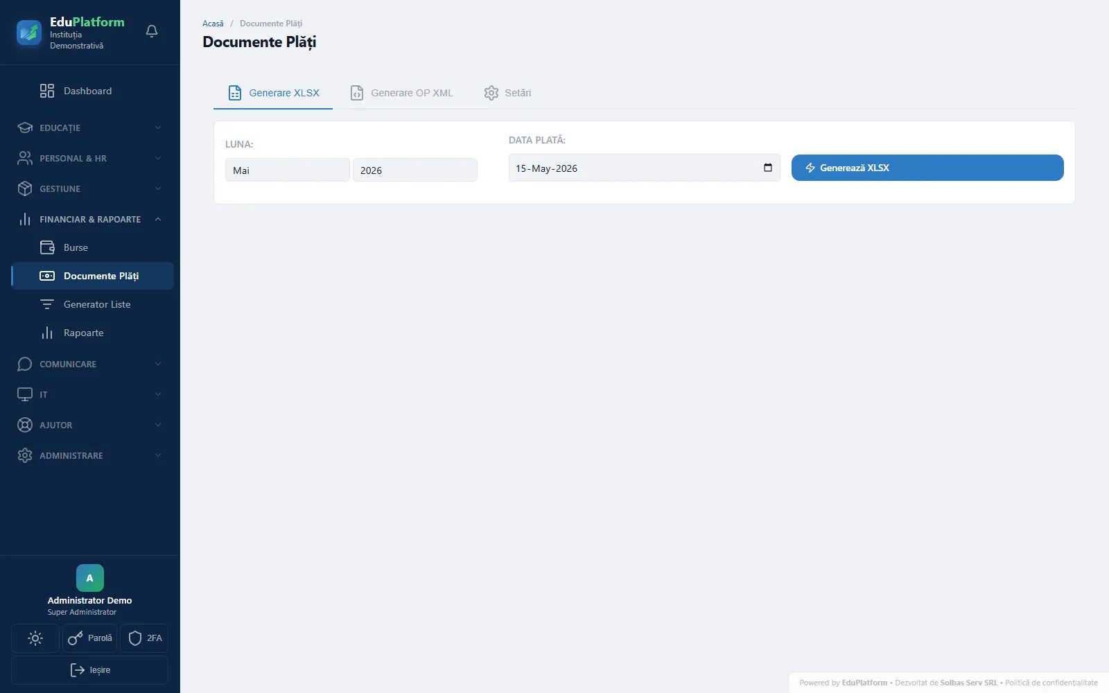 Documente Plăți — Generare XLSX — luna și data plății completate
