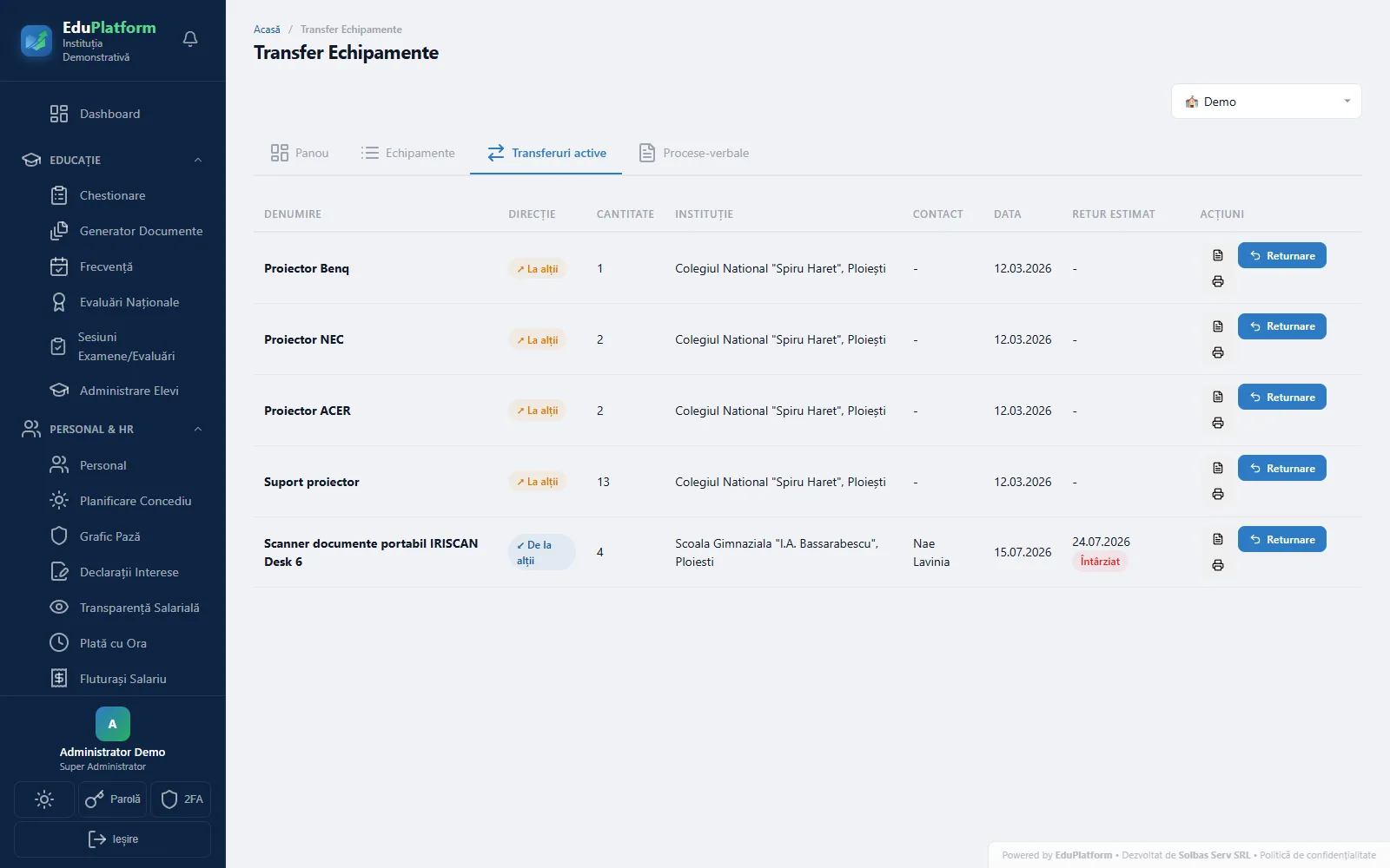 Transfer Echipamente — Transferuri active