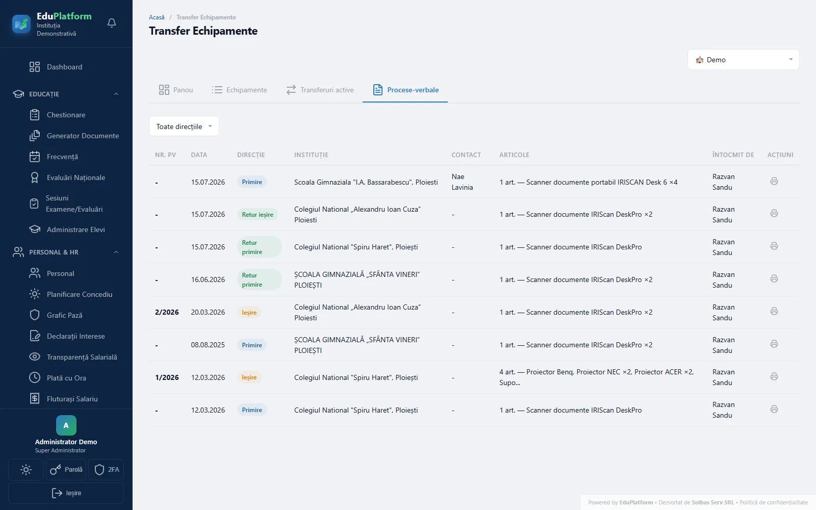 Transfer Echipamente — Procese-verbale
